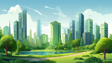 Obraz premium A vibrant cartoon illustration shows a green park with lush trees and a winding path, set against a backdrop of a modern city skyline under a blue sky. 