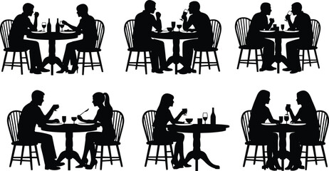 PrintSilhouette vector of couples dining and talking at round tables with drinks, food, romance, conversation, and social interaction scene