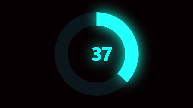 Numerical counting from 0 to 37. Circular progress bar with bright neon blue light. Countdown timer from 0 to 37 seconds real time. Modern flat design of countdown animation on black background.