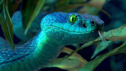 Fototapeta premium A vibrant, turquoise snake gracefully coils amidst lush, green foliage, its intense gaze and textured scales capturing a sense of wild beauty and primal power, rendered with detailed realism.