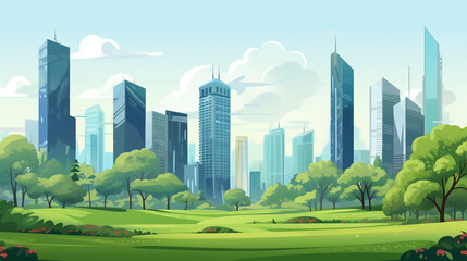 Fototapeta premium A vibrant cartoon illustration shows a green park with lush trees and a winding path, set against a backdrop of a modern city skyline under a blue sky. 