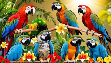 Naklejka premium Set of exotic macaw parrots in one frame – Scarlet, Green-winged, Harlequin, Buffon, and Blue-and-Gold – showcasing their brilliant plumage in a stunning bird collection.
