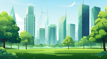 A vibrant cartoon illustration shows a green park with lush trees and a winding path, set against a backdrop of a modern city skyline under a blue sky.
