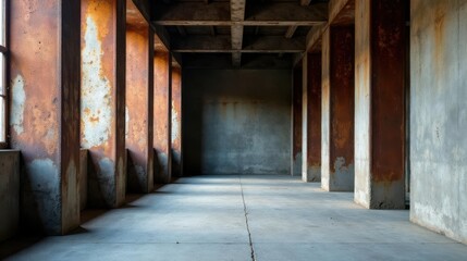 Fototapeta premium Rustic Industrial Interior A Long, Empty Corridor with Weathered Concrete Walls and Rust-Colored Steel Columns, Bathed in Soft Natural Light