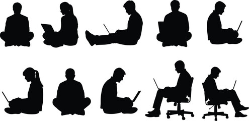 PrintSilhouettes of people using laptops, sitting on floor and chairs, male and female working remotely, perfect for technology, freelance, office, education concepts.