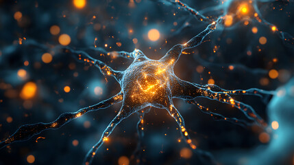 A detailed close up of a neuron cell with glowing orange particles on a dark blue background
