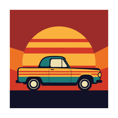 Retro Pickup Truck Driving Towards a Sunset vehicle