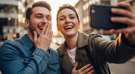 Happy friends taking a close-up selfie with a smartphone outdoors