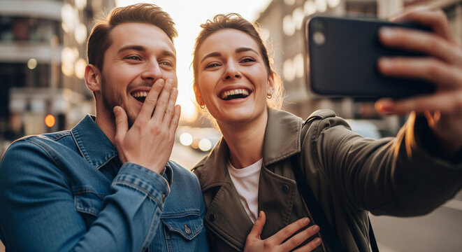 Happy friends taking a close-up selfie with a smartphone outdoors