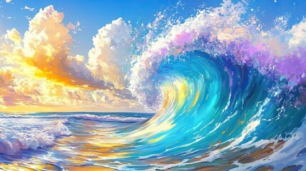artist Scott Christensen, beautiful sunny day, beautiful wave in full crest all the colours that the artists uses in his paintings 