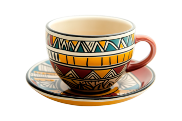 Unique ethnic ceramic drinkware with hand painted style. Isolated on transparent background