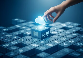 Cloud Technology Hand Reaching for Cloud Icon Among Interconnected Digital Blocks