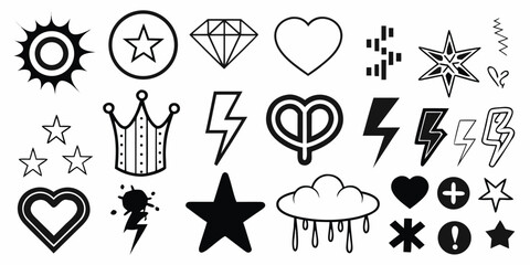 Collection of black and white graphic icons and symbols