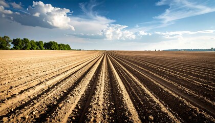Agricultural landscape featuring plowed fields and a bright blue sky with clouds