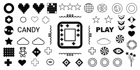 Black and white graphic icons and symbols collection