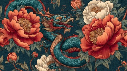 An intricately detailed illustration depicts a vibrant teal dragon winding amongst lush, blooming red and cream peonies, evoking a sense of power and natural beauty within a decorative pattern.