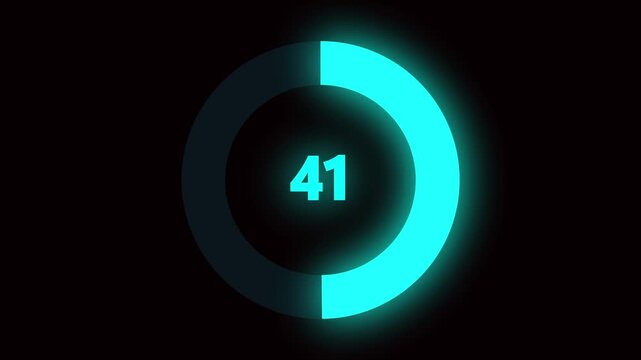 Numerical counting from 0 to 90. Circular progress bar with bright neon blue light. Countdown timer from 0 to 90 seconds real time. Modern flat design of countdown animation on black background.