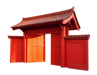 Angled View of Red Gate with Slanted Roof, Architectural Detail, Isolated Transparent Background PNG
