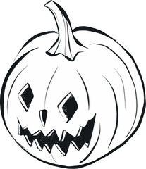 Halloween pumpkin Jack-O-Lantern with cute smiling carved face isolated on white. Black line drawing sketch in doodle style. Vector picture, illustration of traditional decoration, holiday design.