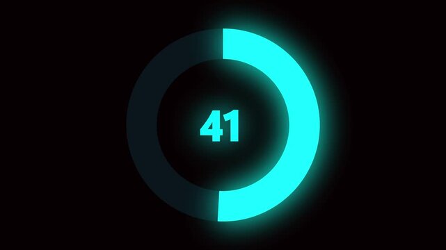 Numerical counting from 0 to 96. Circular progress bar with bright neon blue light. Countdown timer from 0 to 96 seconds real time. Modern flat design of countdown animation on black background.