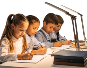 Little Scholar Children Writing Notes at Desk with Modern Lamp, PNG Isolated.