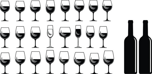 PrintWine glasses and bottles, varying fill levels, black silhouette arrangement, elegant drinkware concept for bar, hospitality, beverage service, celebration, inventory or design themes