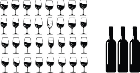 PrintWine glasses and bottles, organized grid layout, mix of wine and champagne, elegant drinkware concept for bar, celebration, hospitality, beverage service themes