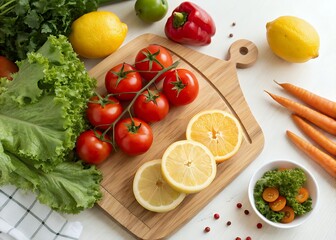 Fresh garden vegetables and lemons on a cutting board