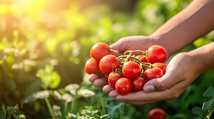 Close-up of hands a man picking vegetable, countryside, sunny day, macro lens style 