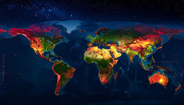 Global map displaying human light pollution, showcasing varying intensity across continents and countries, against a dark space background. - Powered by Adobe