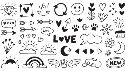 Cute Hand-Drawn Doodle Collection: Hearts, Arrows, Sun, Moon & More