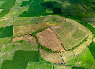 volcanic landscape of Terceira Island in Azores, green meadows 