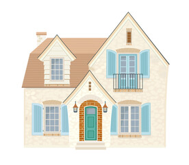 cute stone house with blue shutters windows.  pretty cozy two story building with lanterns and chimney