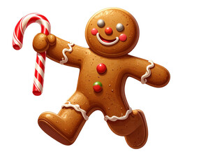 Cartoon Gingerbread Man Running with Candy Cane, Fun Holiday Style PNG