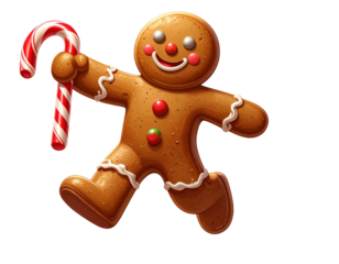  Cartoon Gingerbread Man Running with Candy Cane, Fun Holiday Style PNG