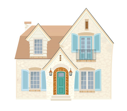 cute stone house with blue shutters windows.  pretty cozy two story building with lanterns and chimney