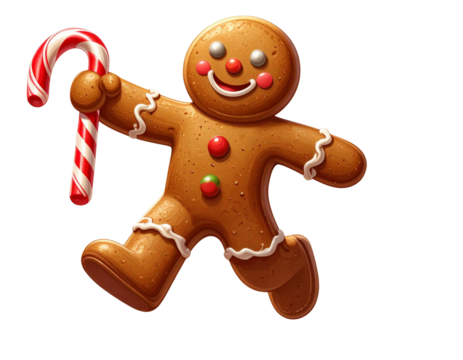  Cartoon Gingerbread Man Running with Candy Cane, Fun Holiday Style PNG