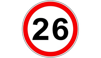 A circular road sign displays the number twenty-six in bold, black numerals on a white background, encircled by a bright red border.