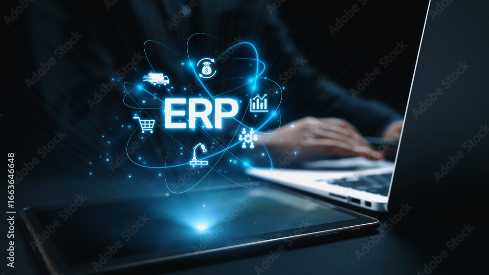 Poster erp platform visual showing centralized system for enterprise resource planning, improving integrati