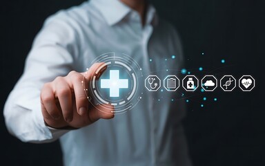 A doctor's hand presses a virtual button on a digital screen, symbolizing a medical network connection