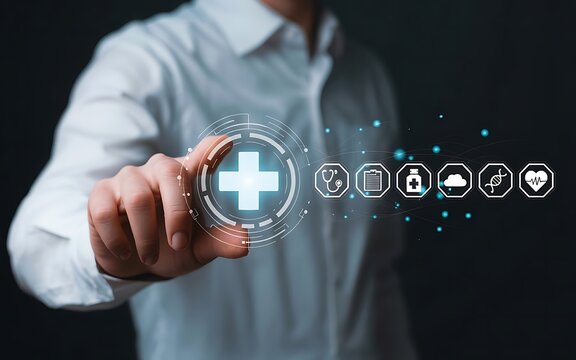 A doctor's hand presses a virtual button on a digital screen, symbolizing a medical network connection