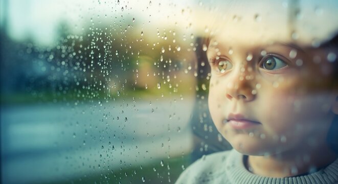 An inquisitive child with big, green eyes gazes thoughtfully out of a rain-streaked window on a quiet, melancholic autumn day.
