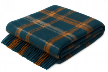 Soft, warm plaid blanket folded neatly, showcasing its teal and orange checkered pattern and fringed edges on a transparent background