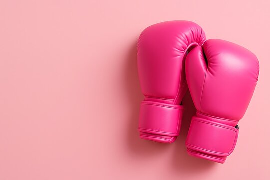 Pair of bright pink boxing gloves resting on a soft pink background