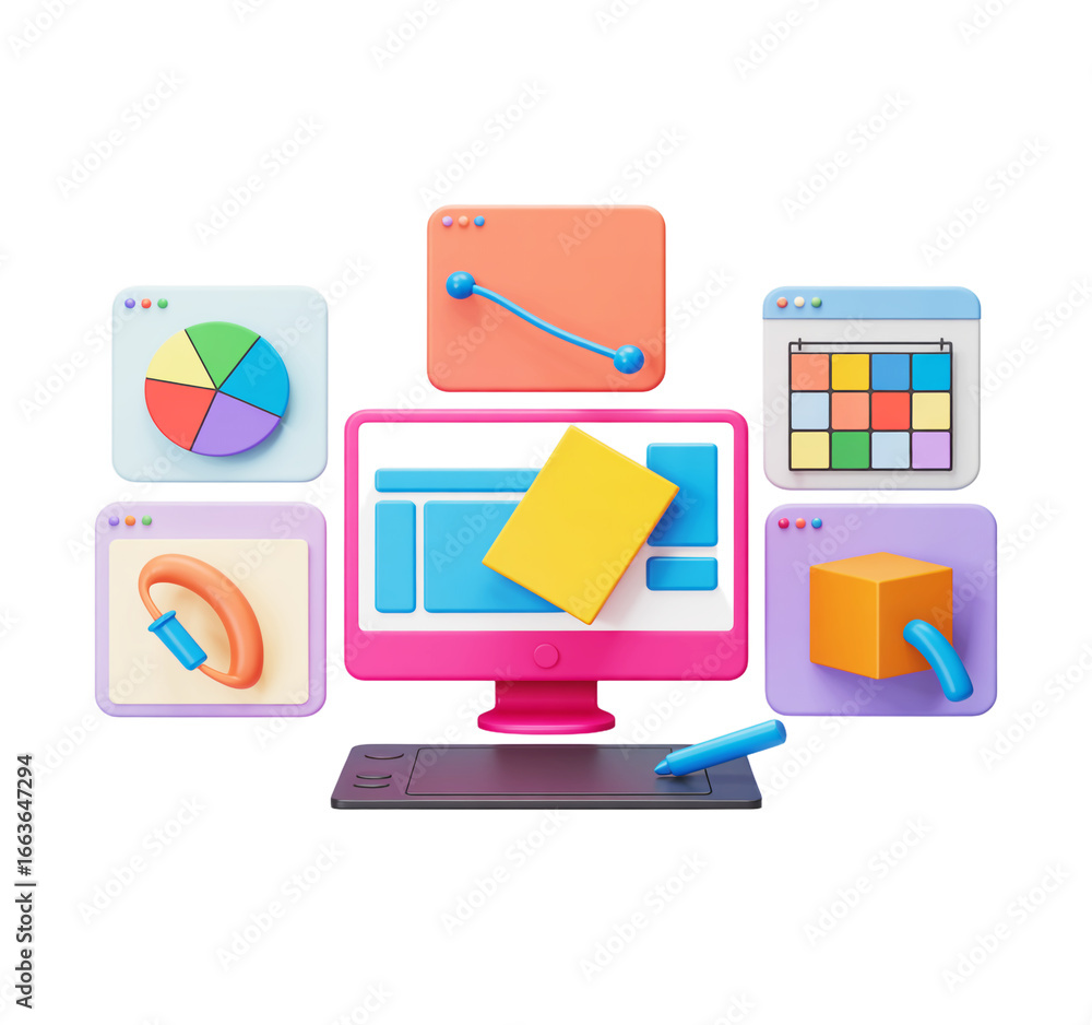 Fototapete creative design workflow digital tools and software applications with rendered 3d graphics and moder
