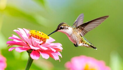 Naklejka premium A hummingbird in flight, delicately feeding from a vibrant pink zinnia flower, showcasing a beautiful display of nature's artistry.