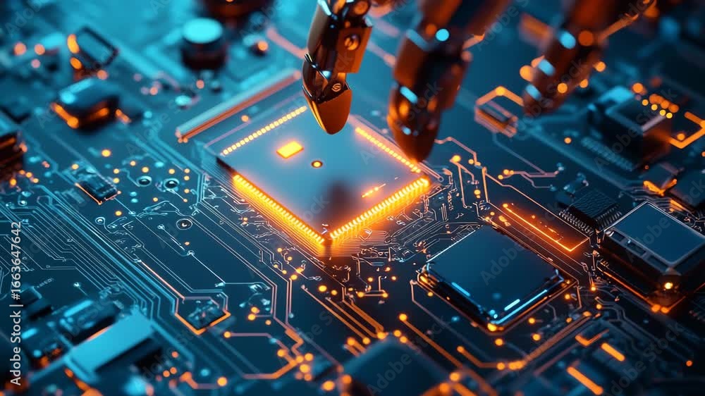 Aufkleber closeup of a robotic hand interacting with a glowing microchip on a complex electronic circuit board