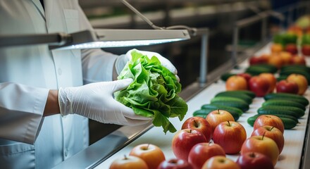 Food quality control scientist inspecting fresh lettuce on production line with fruits