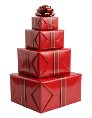 Obraz premium Stacked red gift boxes with decorative ribbons and bow on transparent background, png
