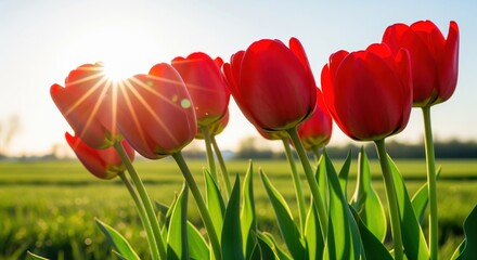 Fototapeta premium Vibrant red tulips blooming in a sun drenched meadow with bright sun rays